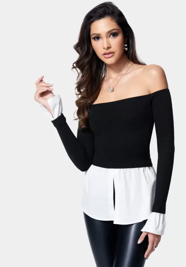 POPLIN OFF SHOULDER SWEATER TOP