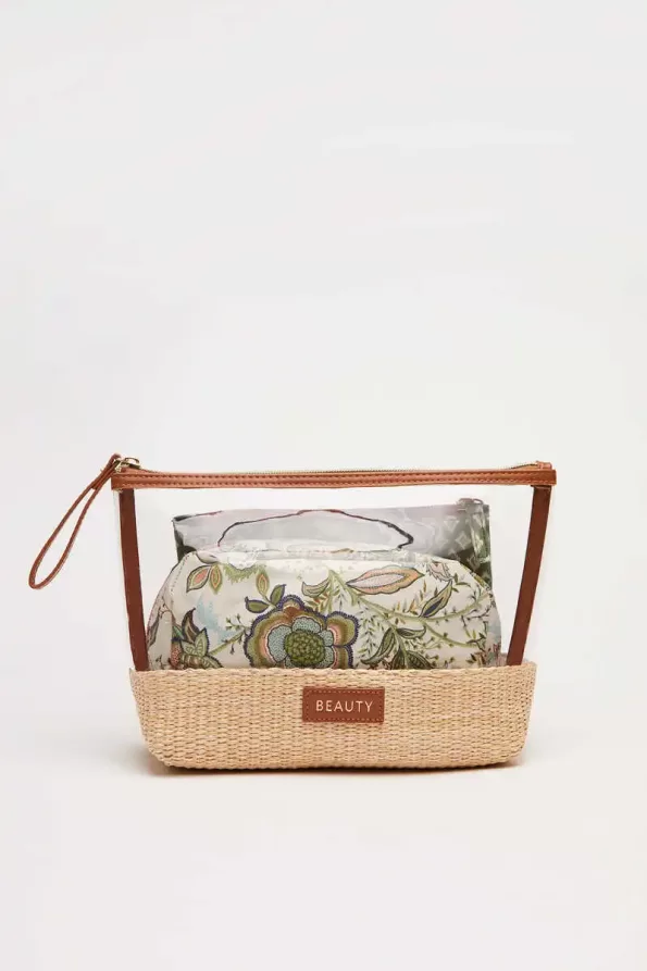 Pack 3 printed raffia cosmetic bags