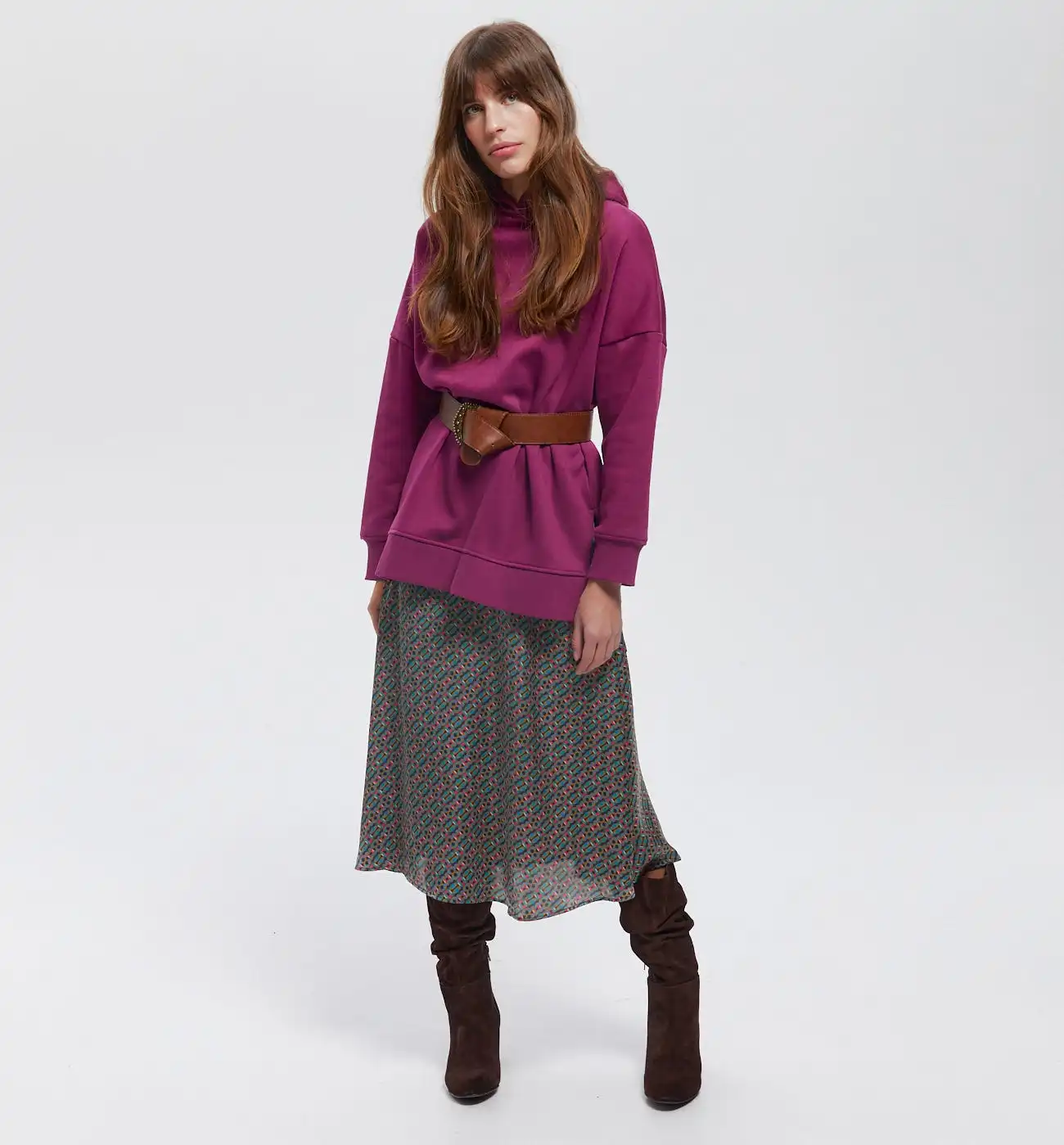 Satin patterned midi skirt