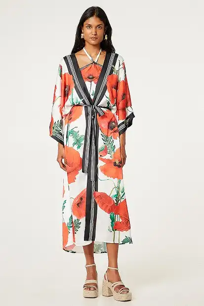 Satin floral maxi kimono