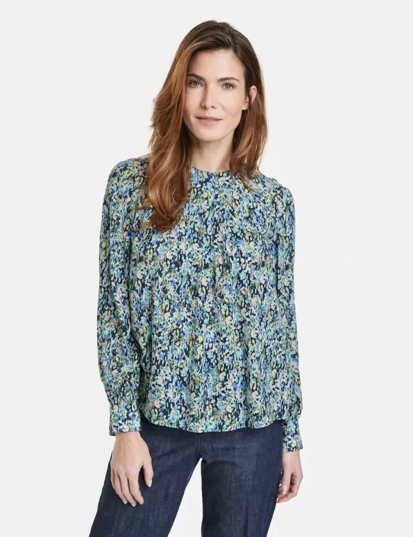Floral long sleeve blouse with a stand-up collar