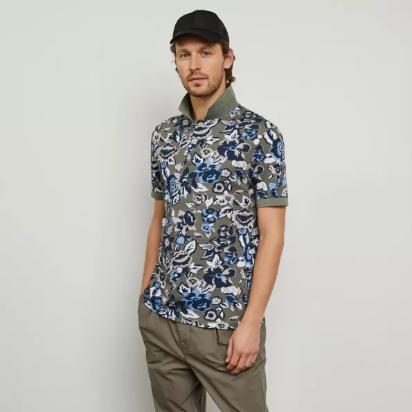 Polo in cotton pique with floral print