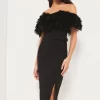 Premium Feather Belted Bardot Dress