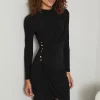 Petite High Neck Button Drape Dress