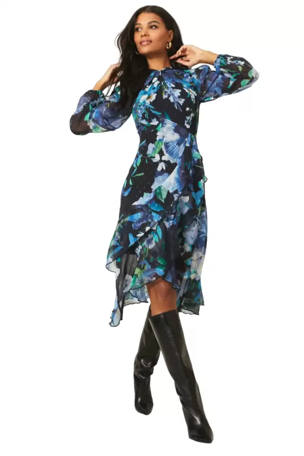 Lipsy Curve Long Sleeve Ruffle Midi Dress