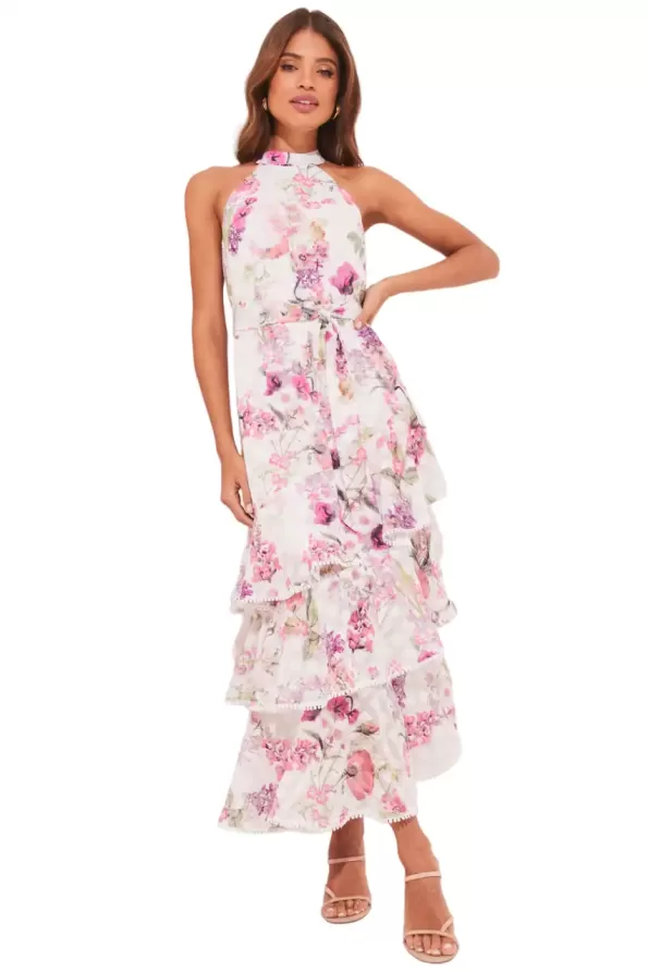 Lipsy Print Halter Tie Waist Tiered Midi Dress