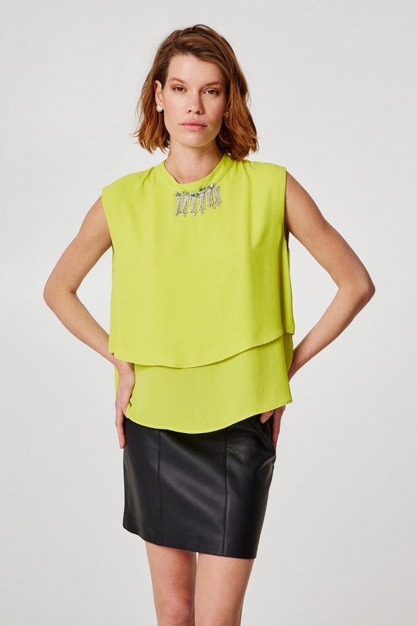 Sleeveless keyhole blouse with bejeweled detail