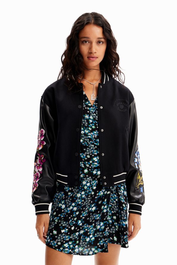 Combination floral wool bomber jacket