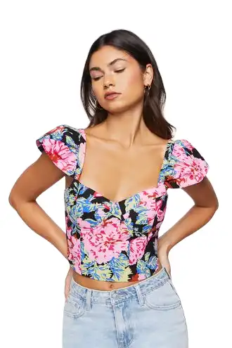 Floral Cap-Sleeve Crop Top