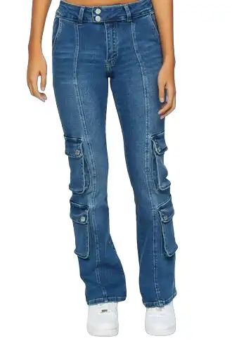 Cargo Pocket Mid-Rise Flare Jeans