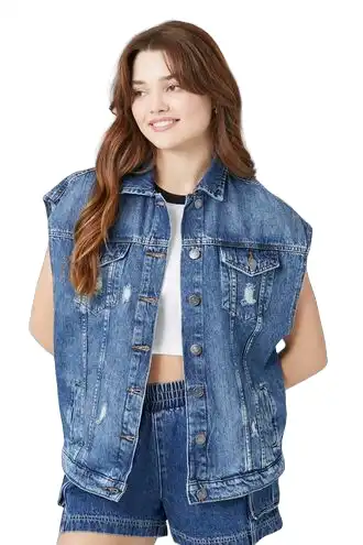 Distressed Button-Front Denim Vest