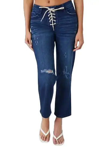Distressed Lace-Up Flare Jeans