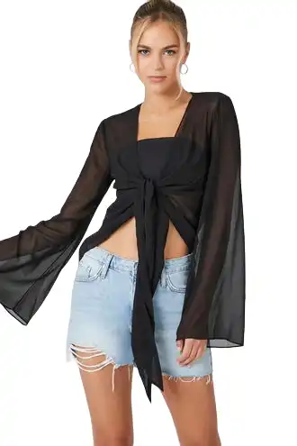 Chiffon Bell-Sleeve Tie-Front Top