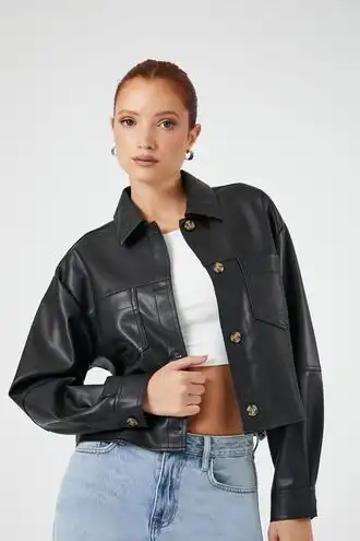 Faux Leather Cropped Trucker Jacket