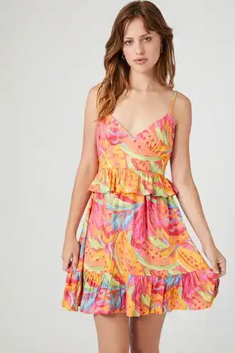 Tropical Ruffle-Trim Mini Dress