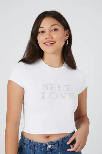 Studded Self Love Graphic Cropped Tee