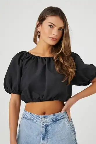 Puff-Sleeve Lace-Back Crop Top