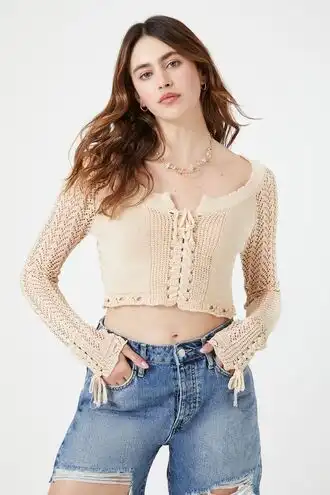 Pointelle Sweater-Knit Crop Top