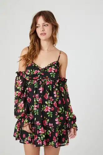 Open-Shoulder Floral Print Mini Dress