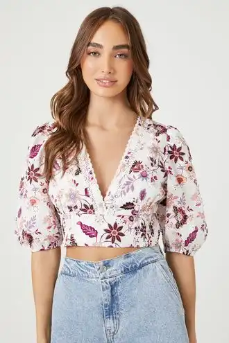 Plunging Floral Lace-Trim Top