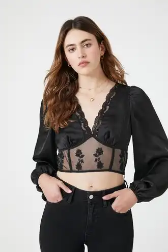 Satin Lace-Trim Mesh Top