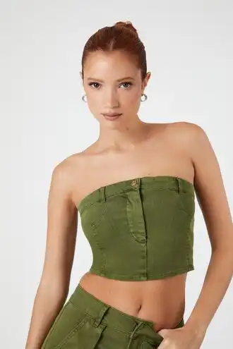 Twill Button-Front Tube Top