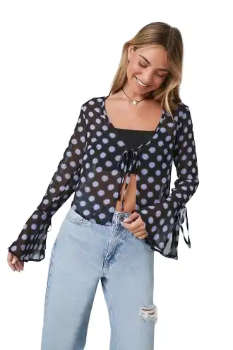 Sheer Polka Dot Tie-Front Top