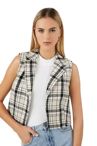 Tweed Plaid Open-Front Vest