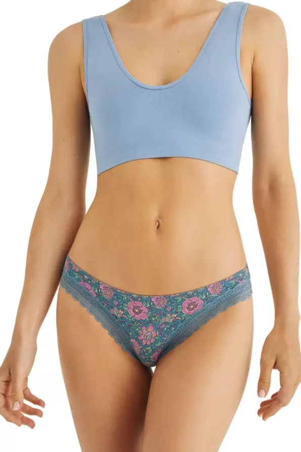 Microfiber lace panties with greenish-blue flowers