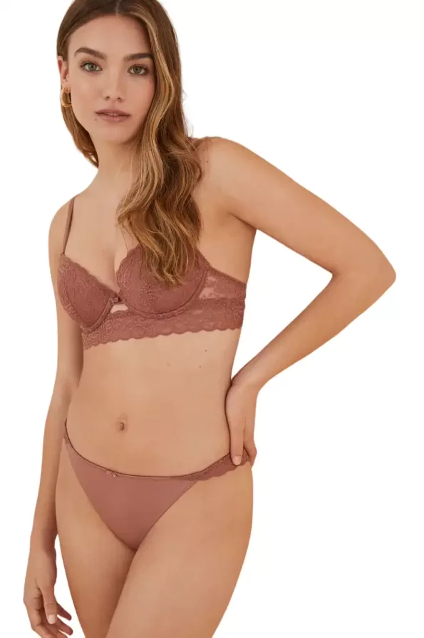 Brown lace microfiber thong