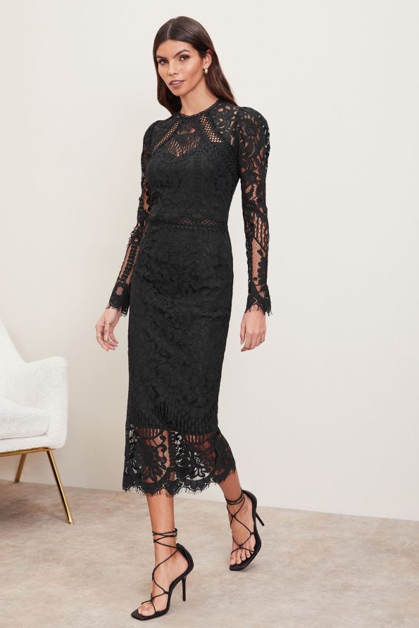 Lipsy Premium Lace Long Sleeve Bodycon Midi Dress