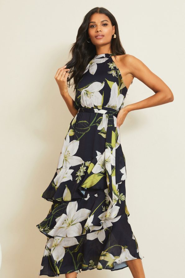 Printed Tiered Halter Midi Dress