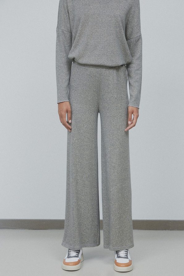 Elasticated lurex flared trousers