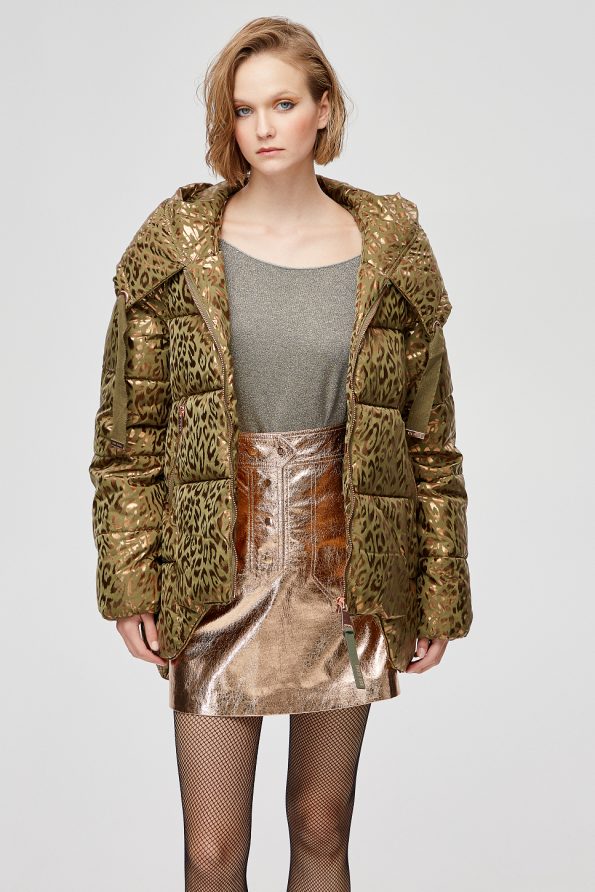 Metallic leopard puffer jacket