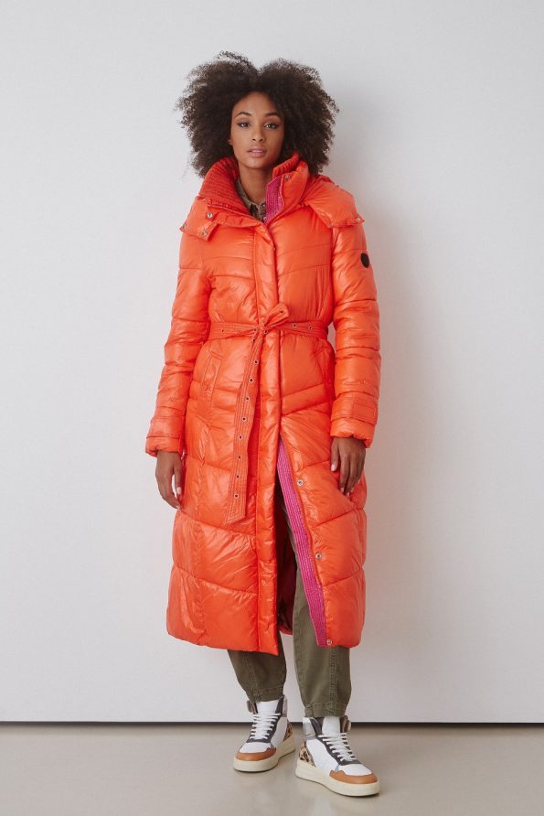 Puffer longline jacket with belt