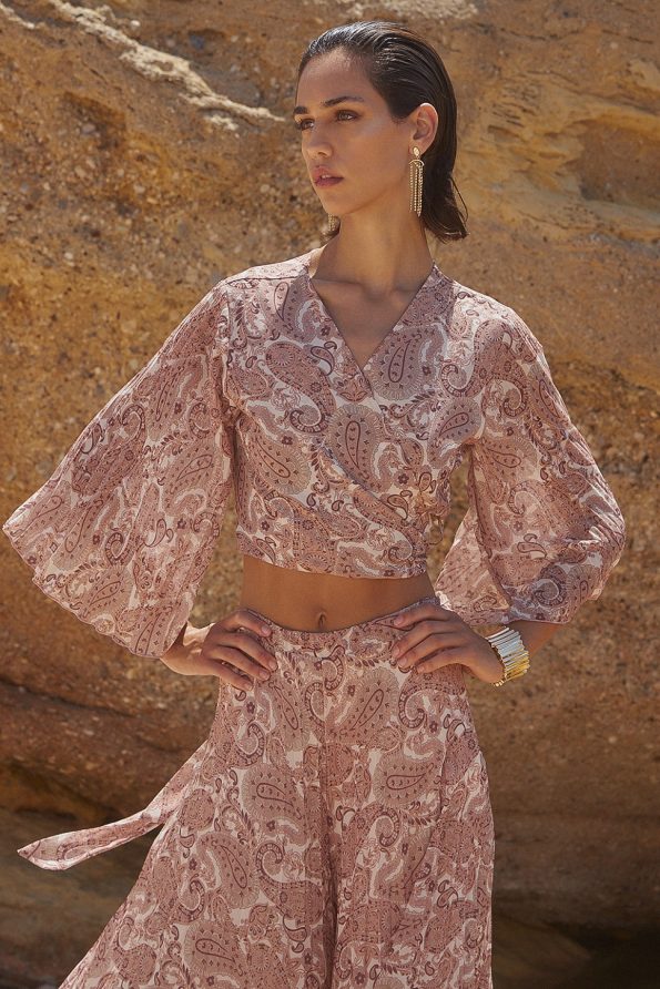 Wrap crop top with paisley print