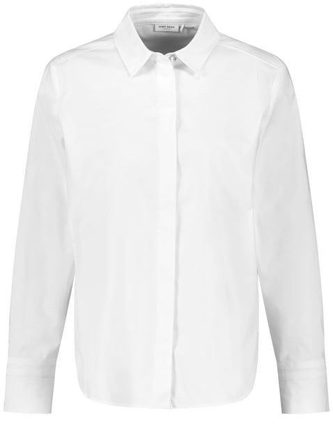 Shirt blouse with a concealed button placket and sleeve straps