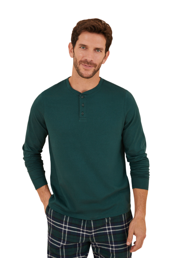 Men's plaid pajamas with a button neck