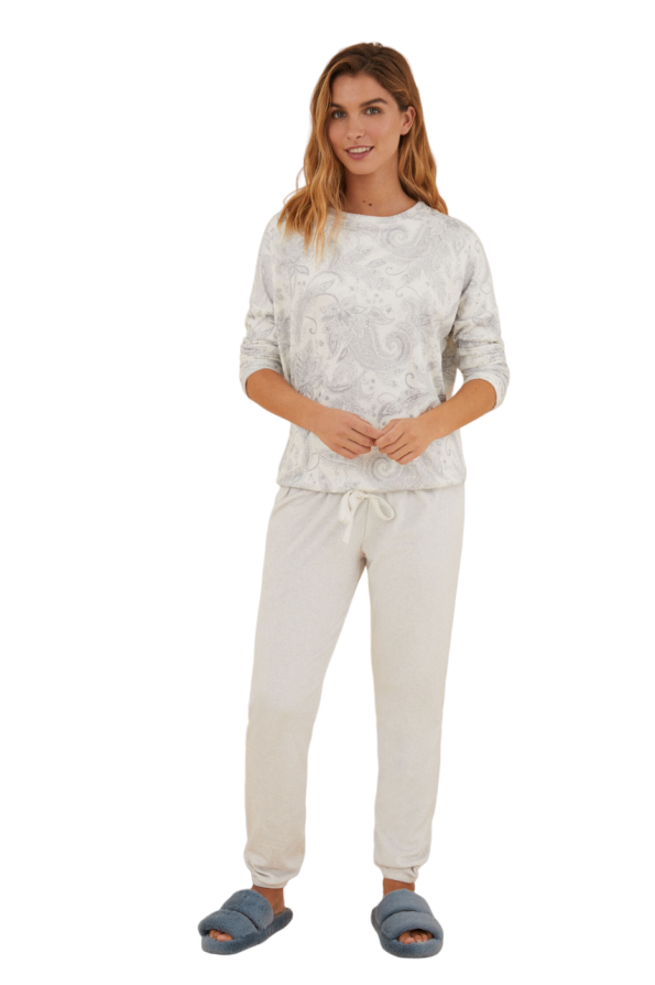 Paisley stretch velvet long pajamas