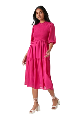 Smocked Chiffon Peasant-Sleeve Dress