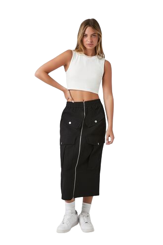 Zip-Front Cargo Midi Skirt