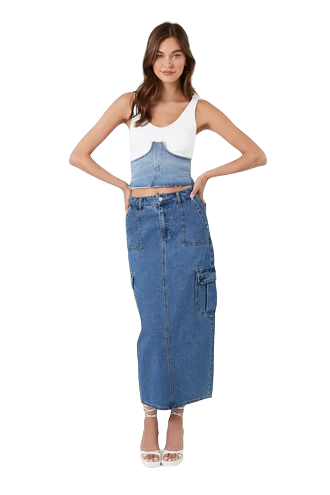 Denim Cargo Midi Skirt