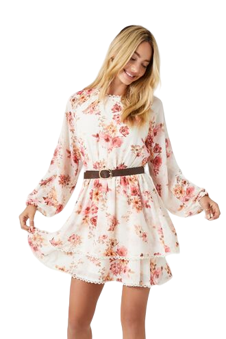 Belted Floral Print Mini Dress