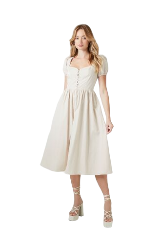 Puff-Sleeve A-Line Midi Dress