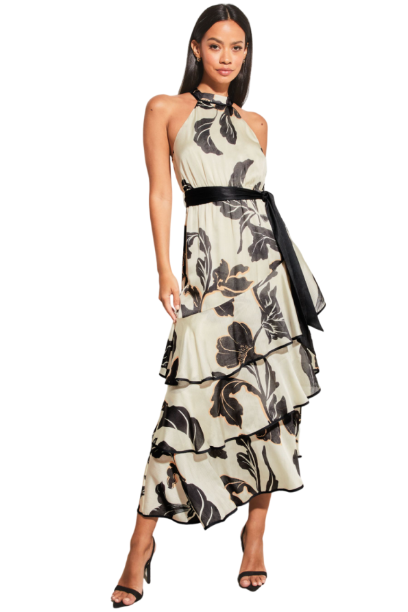 Print Halter Tie Waist Tiered Midi Dress