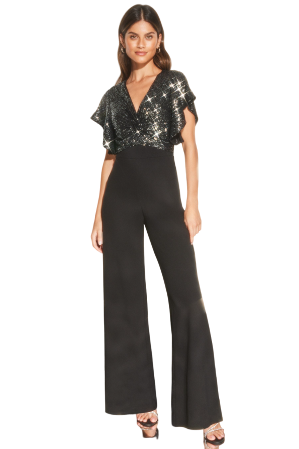 Sequin Flutter Sleeve Wide Leg Jumpsuit