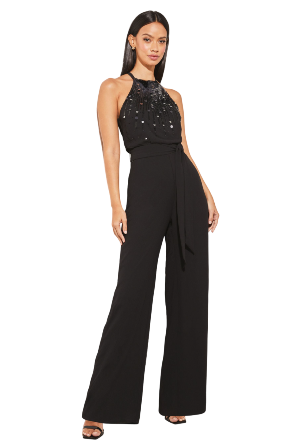 Sequin Embellished Halter Wide Leg Jumpsuit