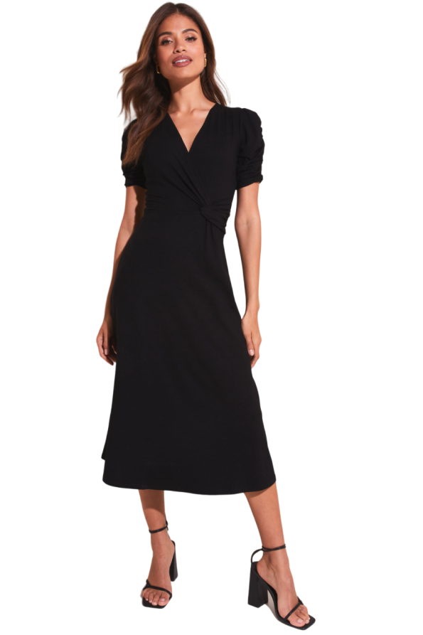 Jersey Short Ruched Sleeve Knot Side Midi Dress