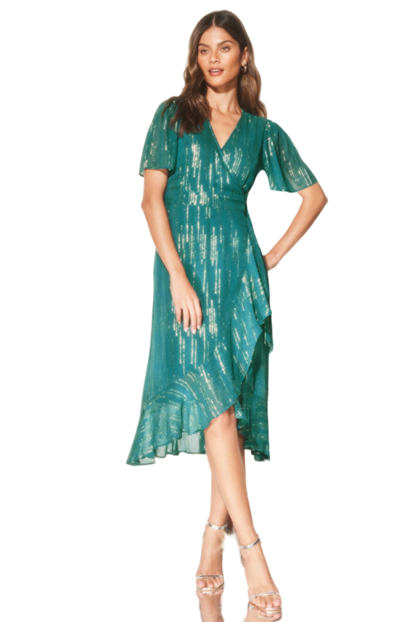 Flutter Sleeve Ruffled Wrap Midi Dress