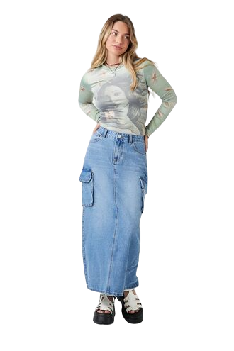 A-Line Cargo Denim Maxi Skirt